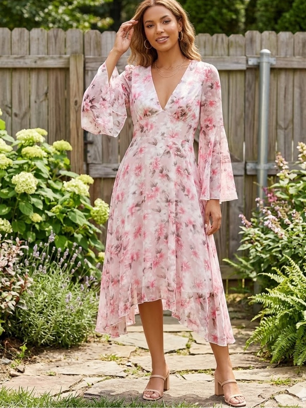 👗Area Stars Pink Floral V-Neck Chiffon Dress